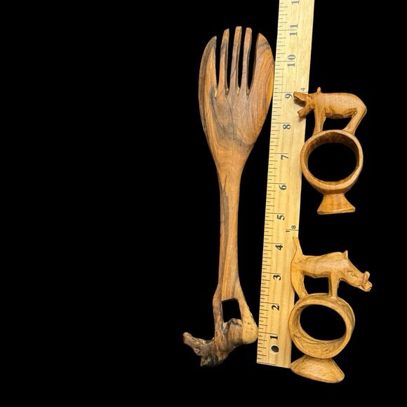 Vintage 1971 Hand Carved Wood Rhino Horse African Animal Fork Napkin Ring Kenya - Picture 7 of 7
